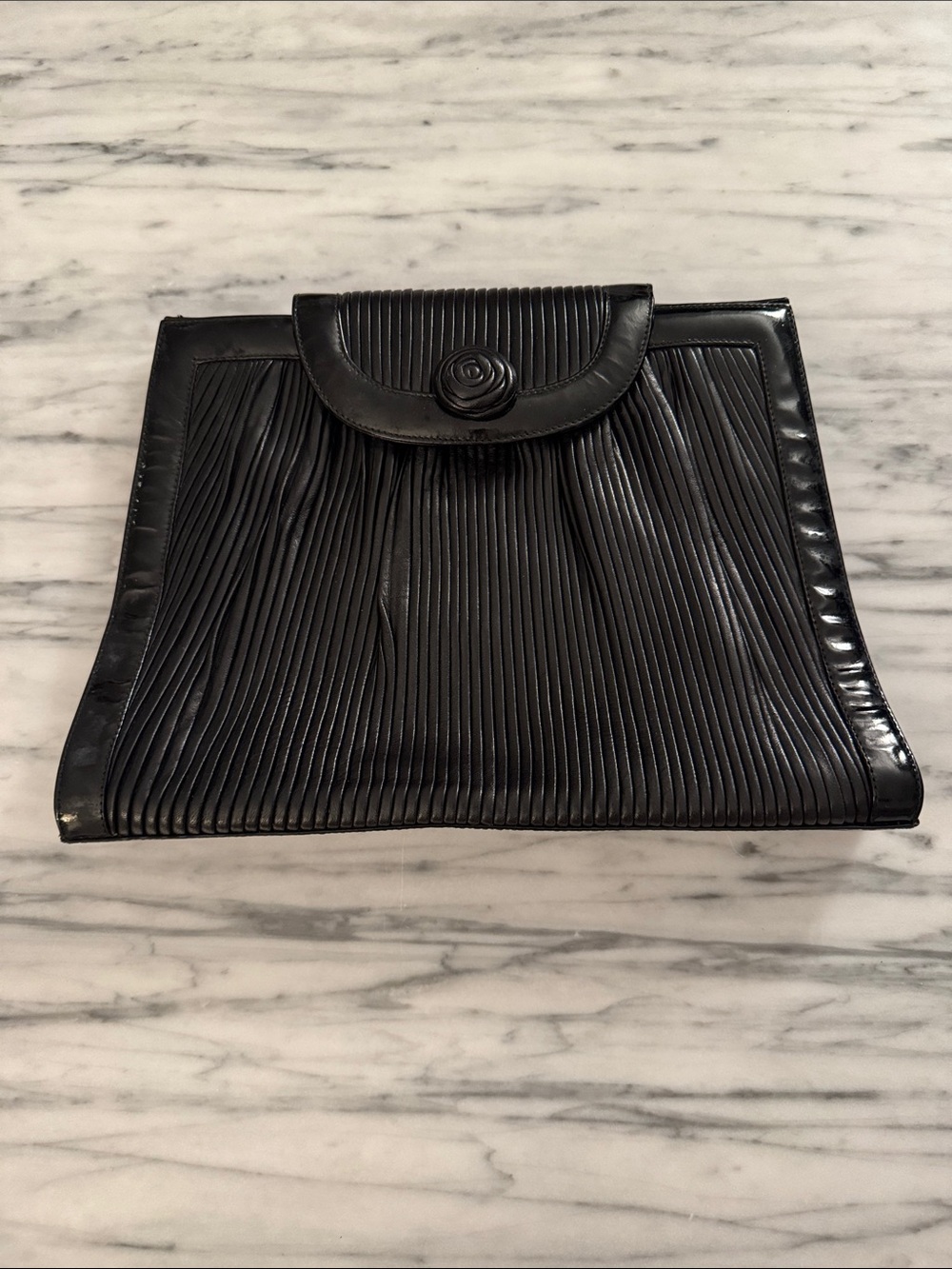 Vintage Black Pleated Leather Clutch with Floral Button